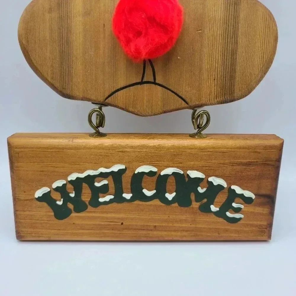 Vintage Handcrafted Wood Christmas Reindeer Rudolph Welcome Sign Rustic Cabincor